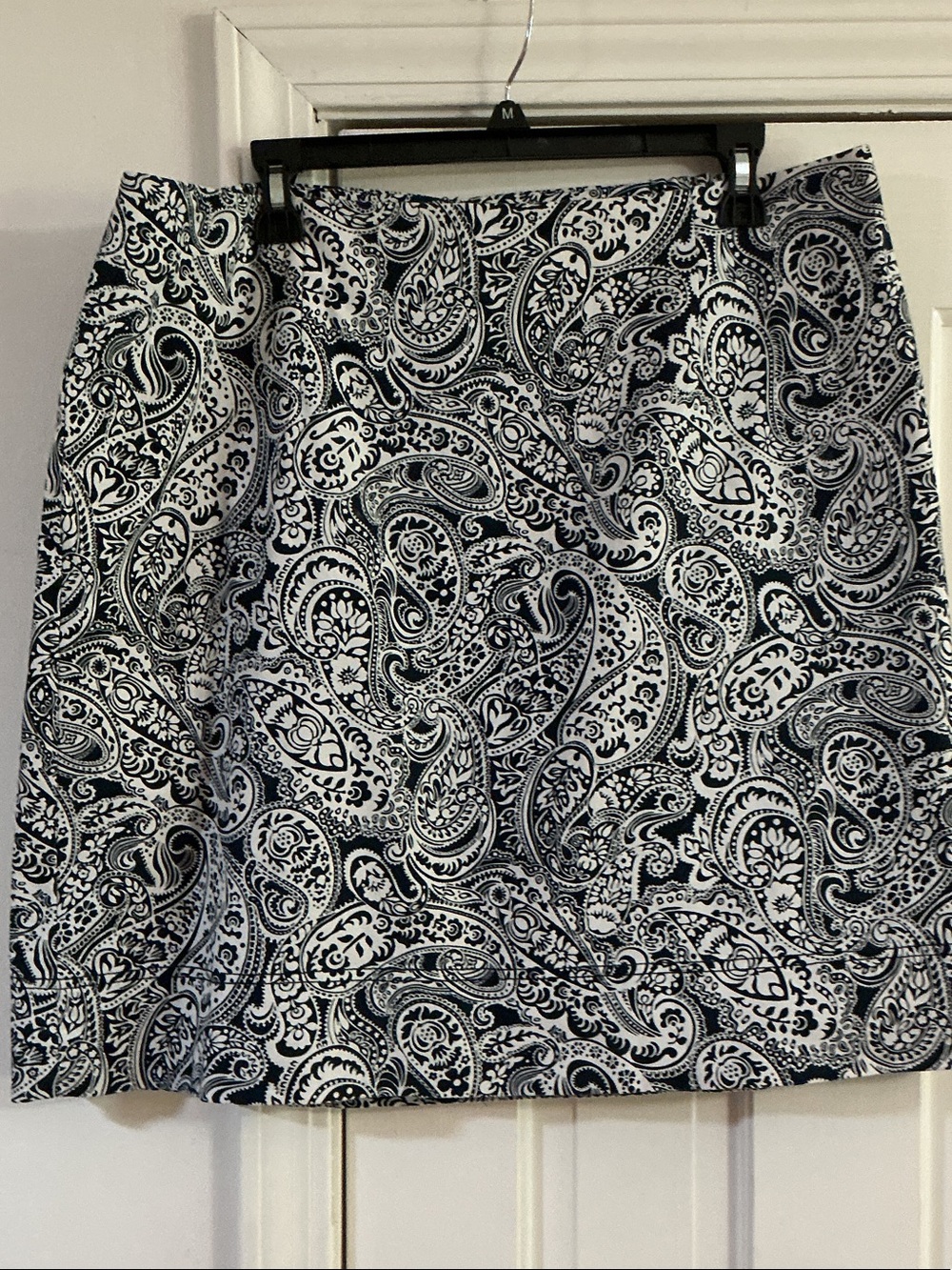 Talbots Navy and White Paisley A-line Skirt. Has elastic in back at waist.